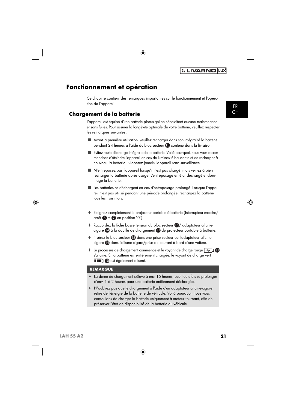 Fonctionnement et opération, Chargement de la batterie, Fr ch | Livarno LAH 55 A2 User Manual | Page 24 / 73