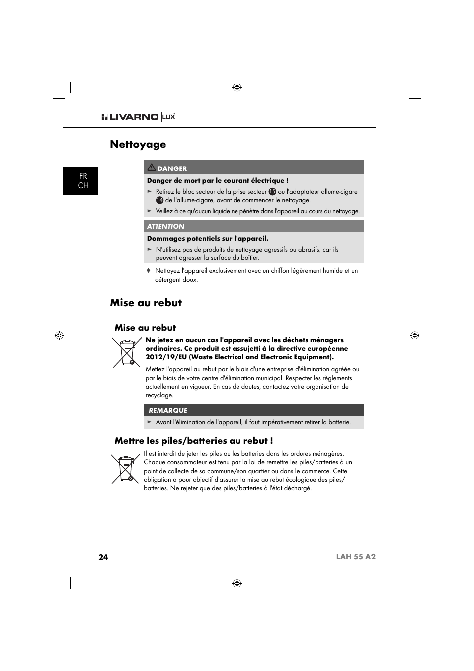 Nettoyage, Mise au rebut, Mettre les piles/batteries au rebut | Fr ch | Livarno LAH 55 A2 User Manual | Page 27 / 73