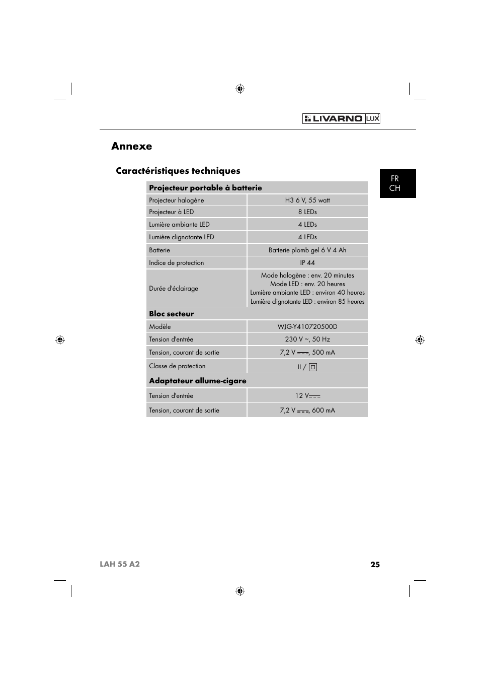 Annexe, Caractéristiques techniques, Fr ch | Livarno LAH 55 A2 User Manual | Page 28 / 73