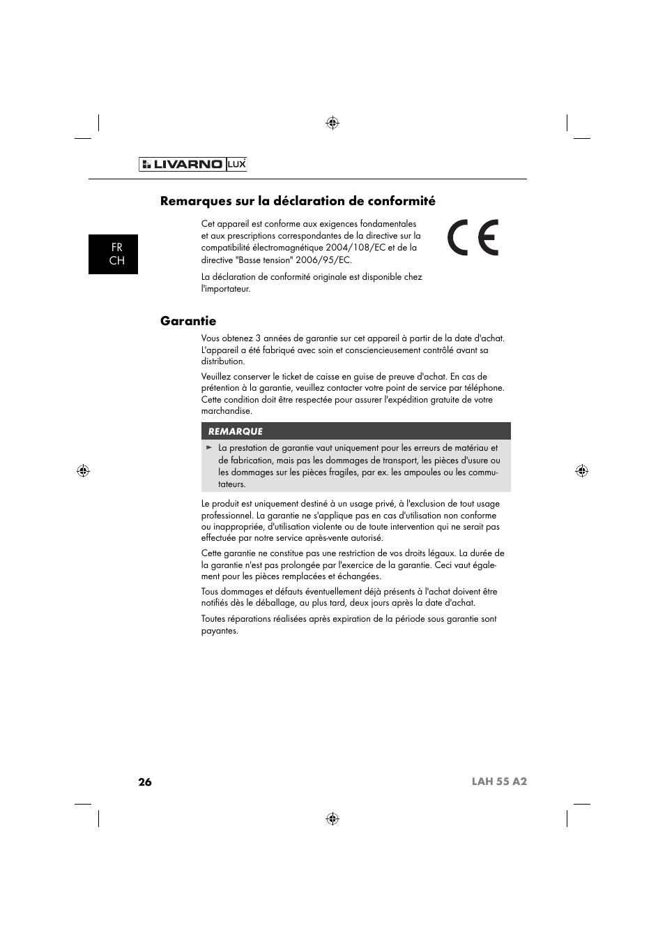 Remarques sur la déclaration de conformité, Garantie, Fr ch | Livarno LAH 55 A2 User Manual | Page 29 / 73