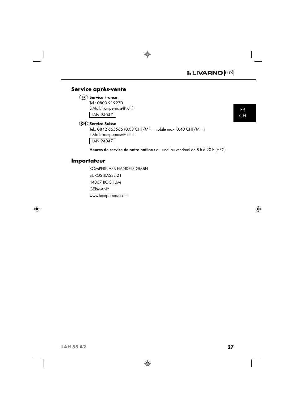 Service après-vente, Importateur, Fr ch | Livarno LAH 55 A2 User Manual | Page 30 / 73