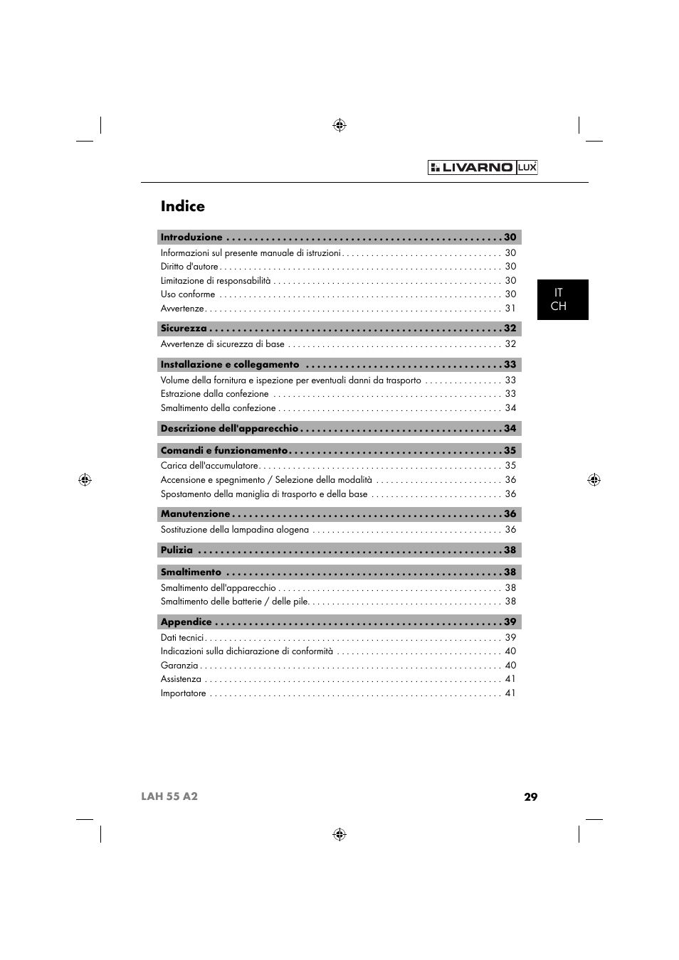 Indice, It ch | Livarno LAH 55 A2 User Manual | Page 32 / 73