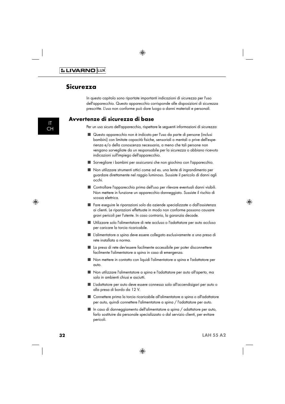 Sicurezza, Avvertenze di sicurezza di base, It ch | Livarno LAH 55 A2 User Manual | Page 35 / 73