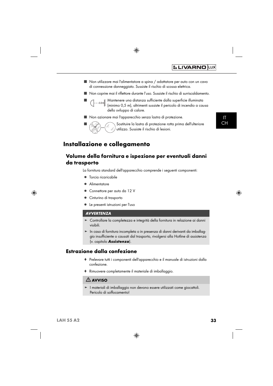 Installazione e collegamento, Estrazione dalla confezione, It ch | Livarno LAH 55 A2 User Manual | Page 36 / 73