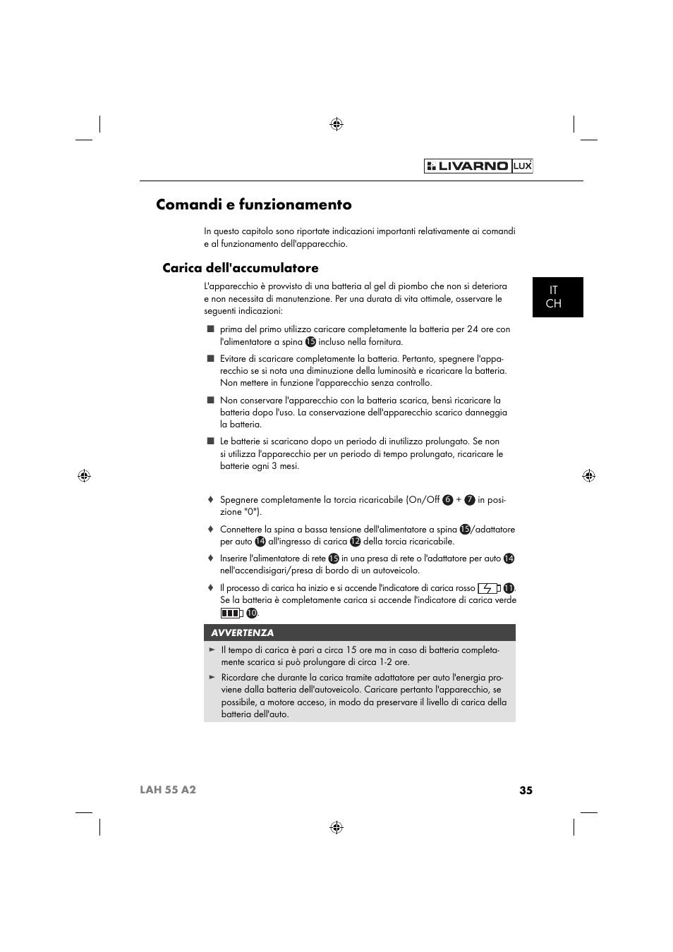 Comandi e funzionamento, Carica dell'accumulatore, It ch | Livarno LAH 55 A2 User Manual | Page 38 / 73