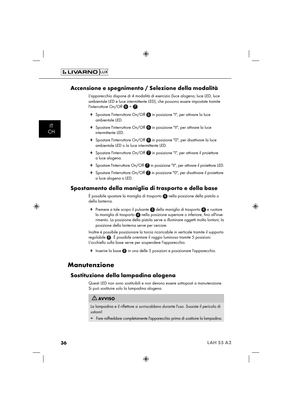 Manutenzione, Sostituzione della lampadina alogena, It ch | Livarno LAH 55 A2 User Manual | Page 39 / 73