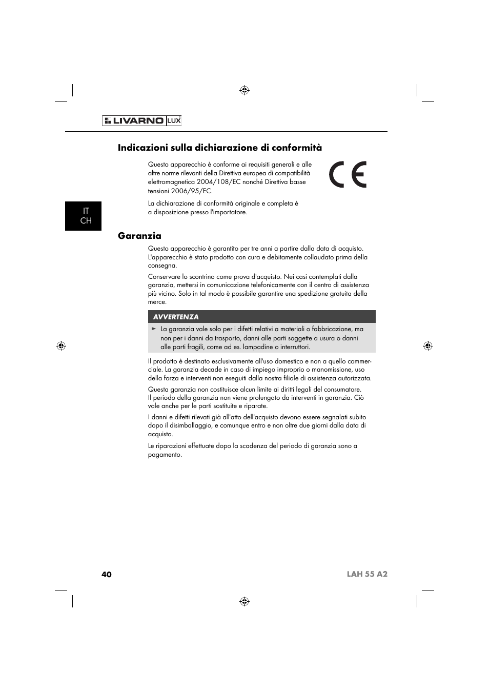 Indicazioni sulla dichiarazione di conformità, Garanzia, It ch | Livarno LAH 55 A2 User Manual | Page 43 / 73