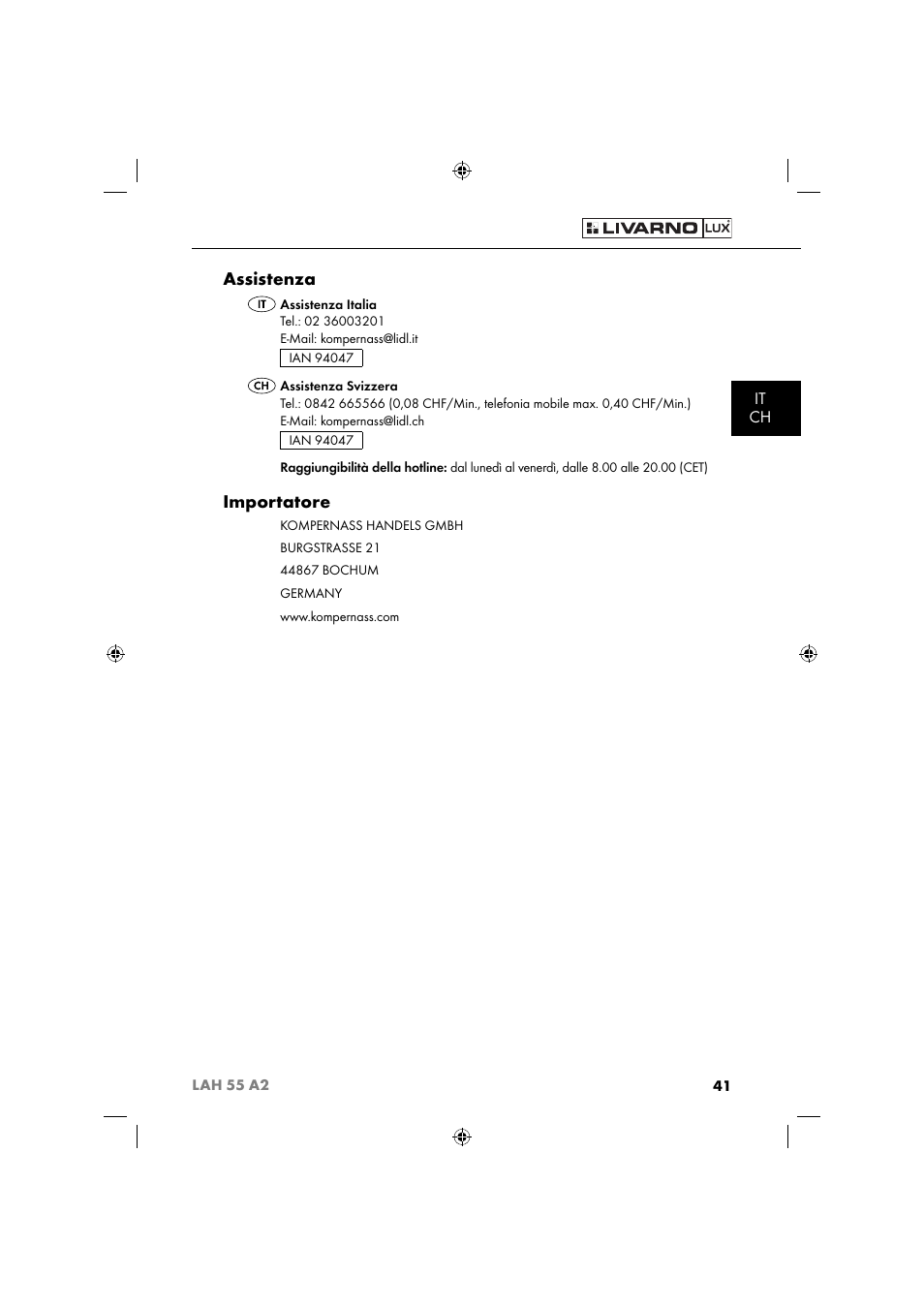 Assistenza, Importatore, It ch | Livarno LAH 55 A2 User Manual | Page 44 / 73