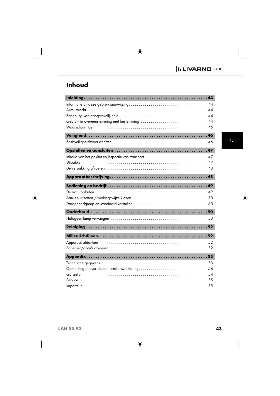 Inhoud | Livarno LAH 55 A2 User Manual | Page 46 / 73