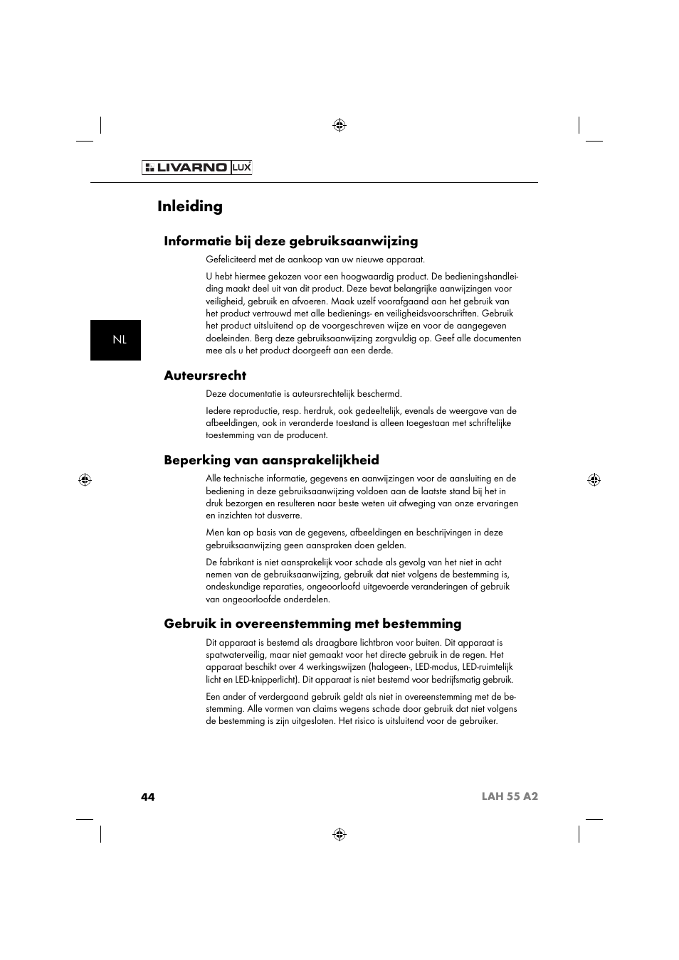 Inleiding, Informatie bij deze gebruiksaanwijzing, Auteursrecht | Beperking van aansprakelijkheid, Gebruik in overeenstemming met bestemming | Livarno LAH 55 A2 User Manual | Page 47 / 73