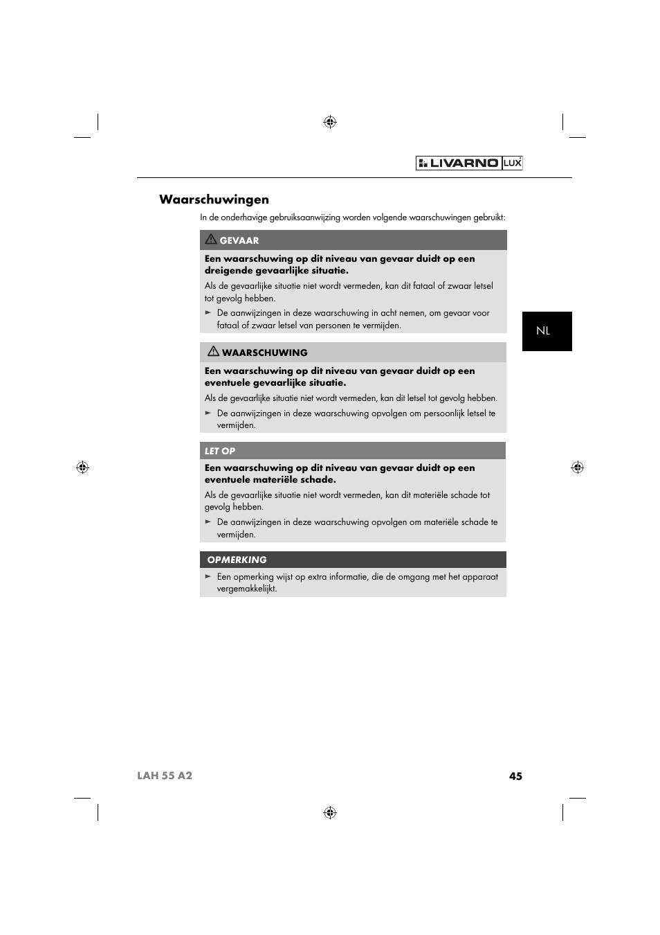 Waarschuwingen | Livarno LAH 55 A2 User Manual | Page 48 / 73