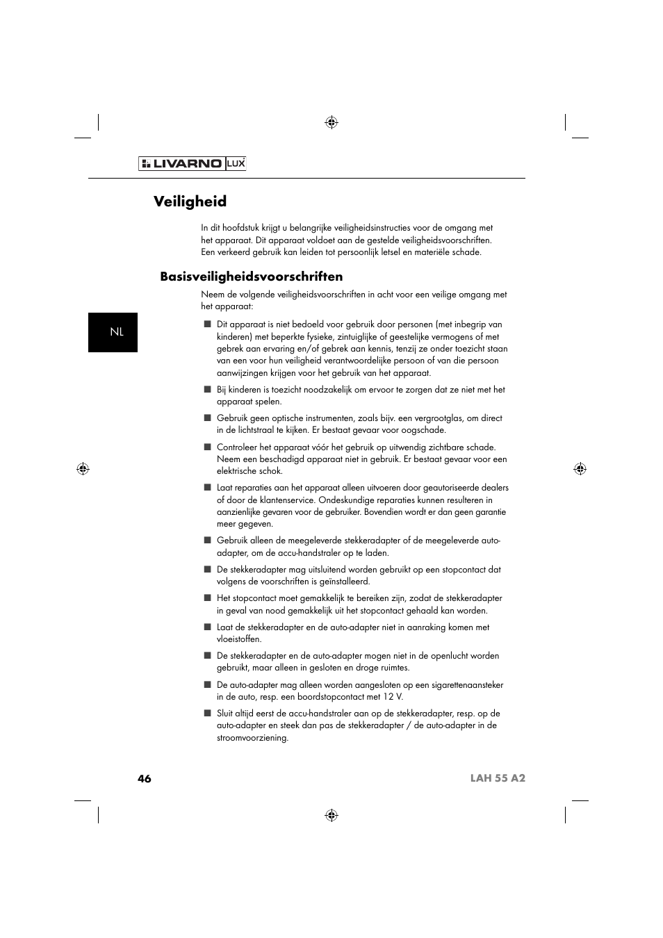 Veiligheid, Basisveiligheidsvoorschriften | Livarno LAH 55 A2 User Manual | Page 49 / 73