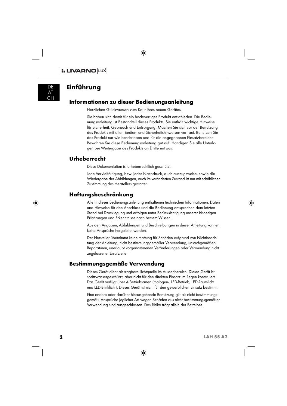 Einführung, Informationen zu dieser bedienungsanleitung, Urheberrecht | Haftungsbeschränkung, Bestimmungsgemäße verwendung, De at ch | Livarno LAH 55 A2 User Manual | Page 5 / 73