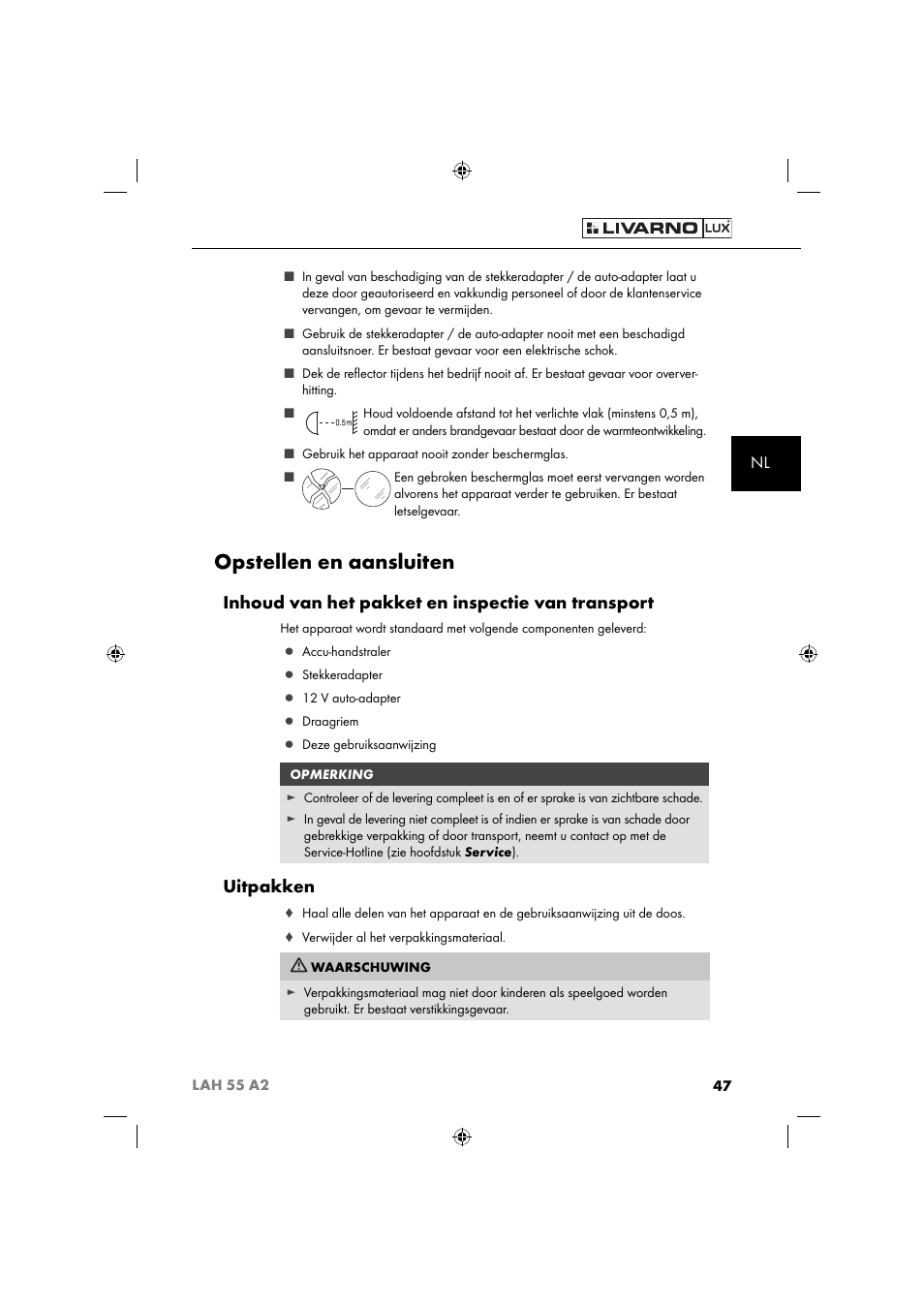 Opstellen en aansluiten, Inhoud van het pakket en inspectie van transport, Uitpakken | Livarno LAH 55 A2 User Manual | Page 50 / 73