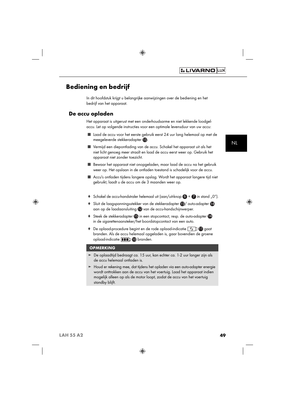 Bediening en bedrijf, De accu opladen | Livarno LAH 55 A2 User Manual | Page 52 / 73