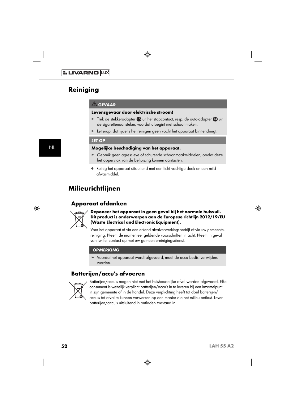 Reiniging, Milieurichtlijnen, Apparaat afdanken | Batterijen/accu's afvoeren | Livarno LAH 55 A2 User Manual | Page 55 / 73