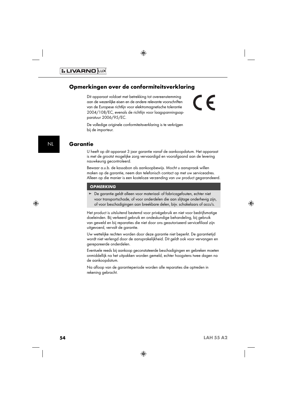 Opmerkingen over de conformiteitsverklaring, Garantie | Livarno LAH 55 A2 User Manual | Page 57 / 73