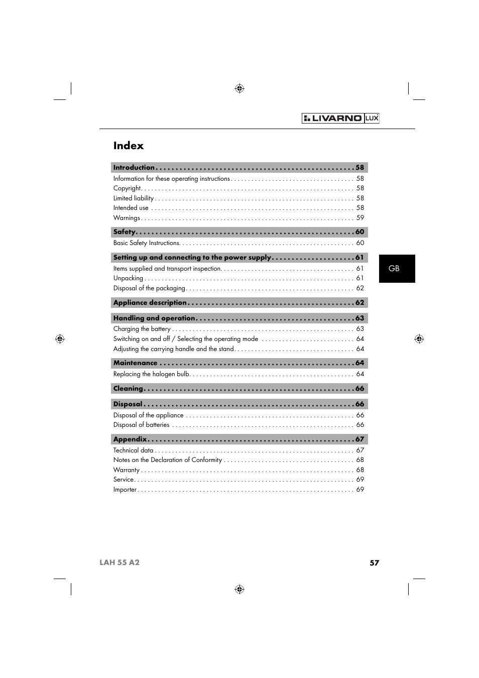 Index | Livarno LAH 55 A2 User Manual | Page 60 / 73