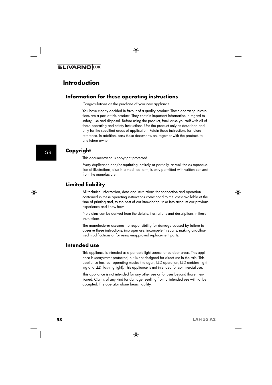 Introduction, Information for these operating instructions, Copyright | Limited liability, Intended use | Livarno LAH 55 A2 User Manual | Page 61 / 73