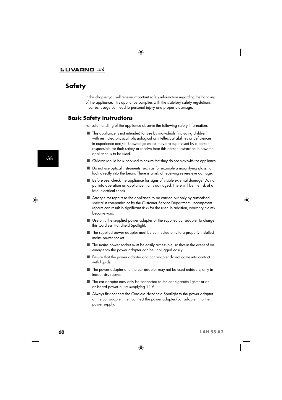 Safety, Basic safety instructions | Livarno LAH 55 A2 User Manual | Page 63 / 73