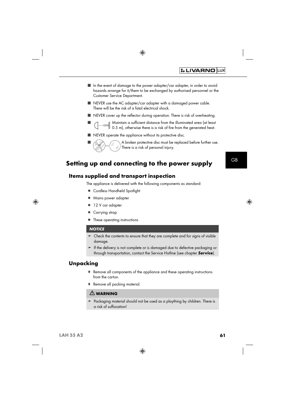 Setting up and connecting to the power supply, Items supplied and transport inspection, Unpacking | Livarno LAH 55 A2 User Manual | Page 64 / 73