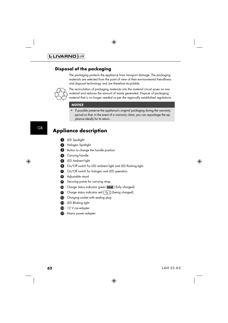 Appliance description, Disposal of the packaging | Livarno LAH 55 A2 User Manual | Page 65 / 73