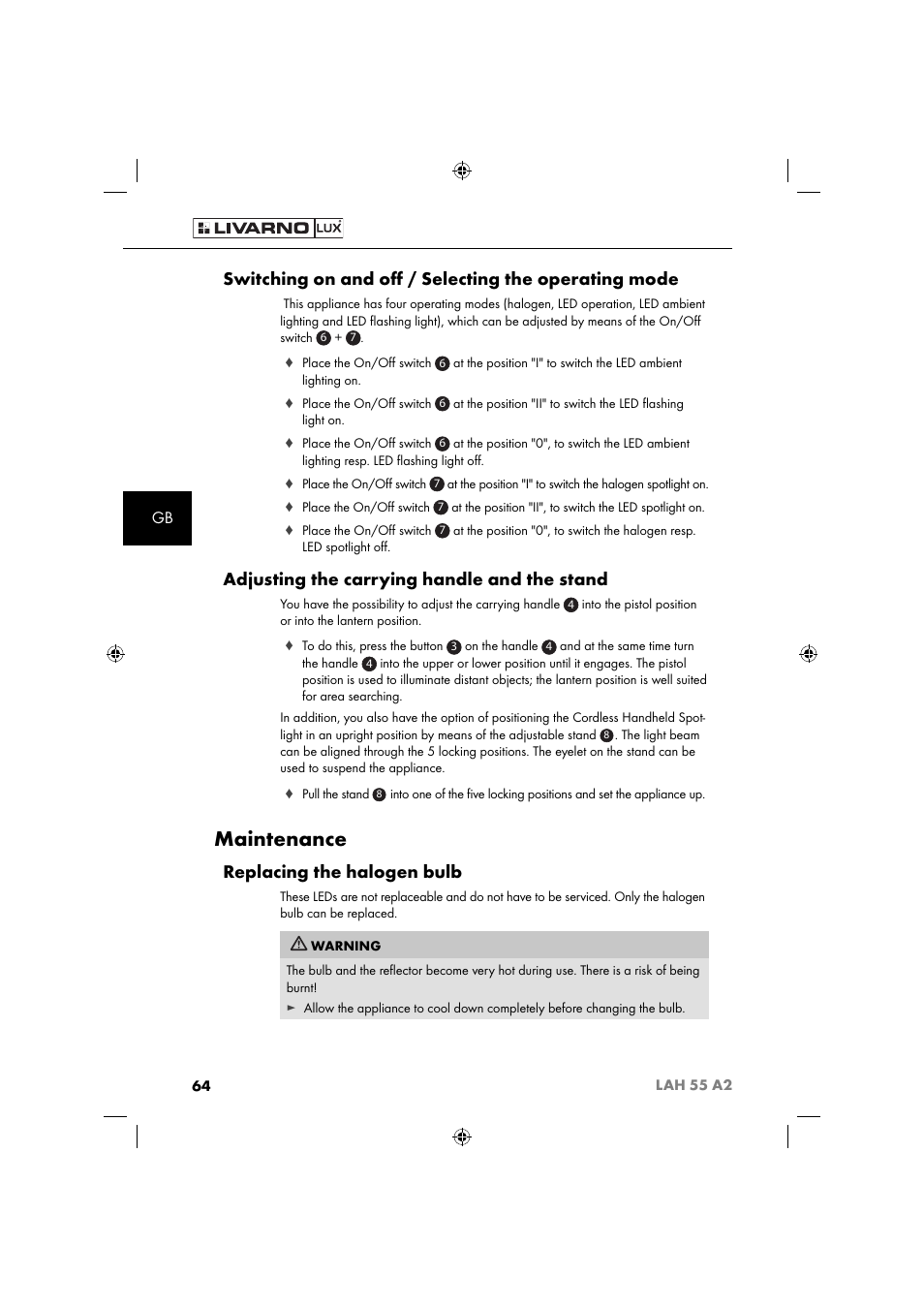 Maintenance, Switching on and oﬀ / selecting the operating mode, Adjusting the carrying handle and the stand | Replacing the halogen bulb | Livarno LAH 55 A2 User Manual | Page 67 / 73