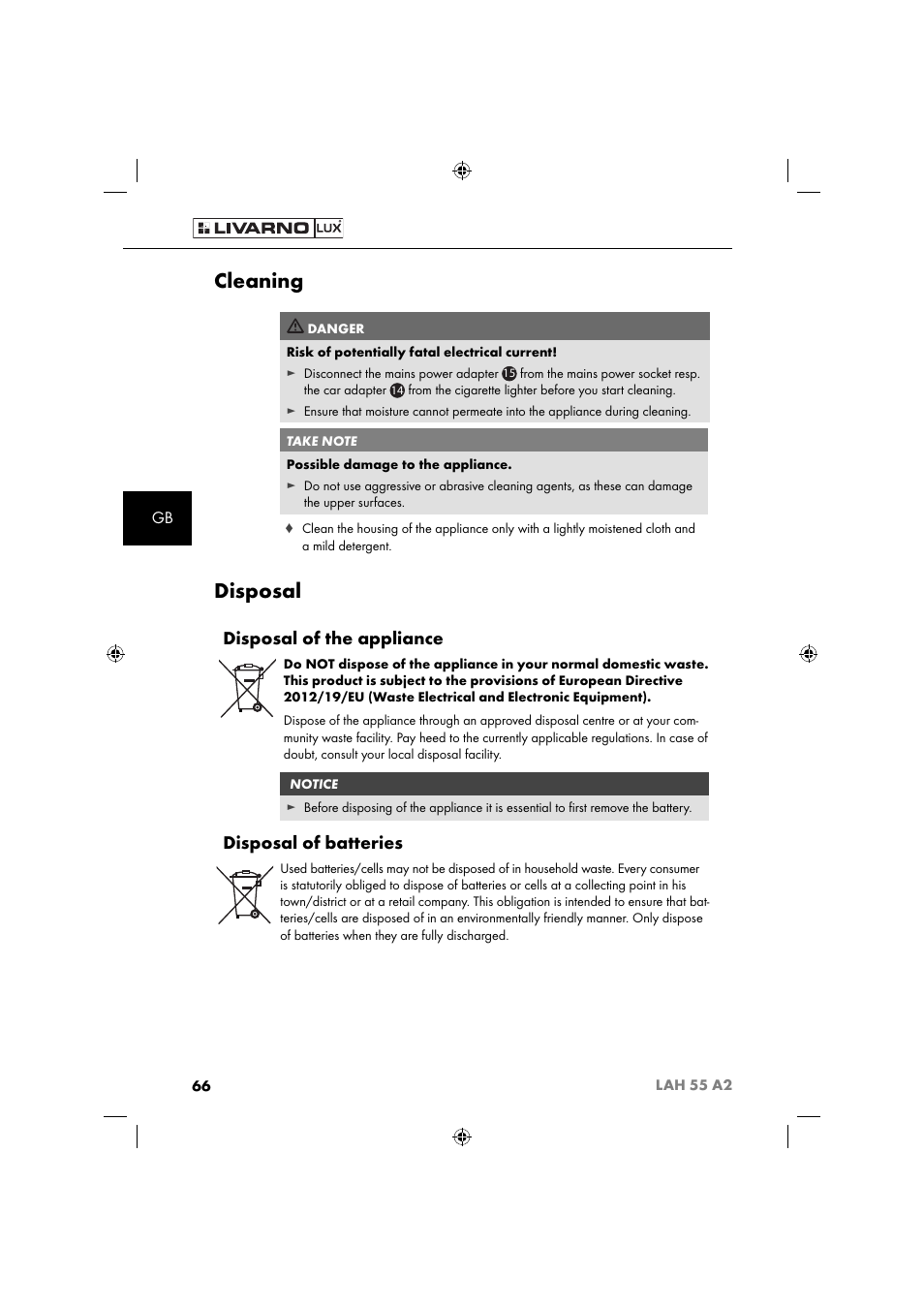 Cleaning, Disposal, Disposal of the appliance | Disposal of batteries | Livarno LAH 55 A2 User Manual | Page 69 / 73