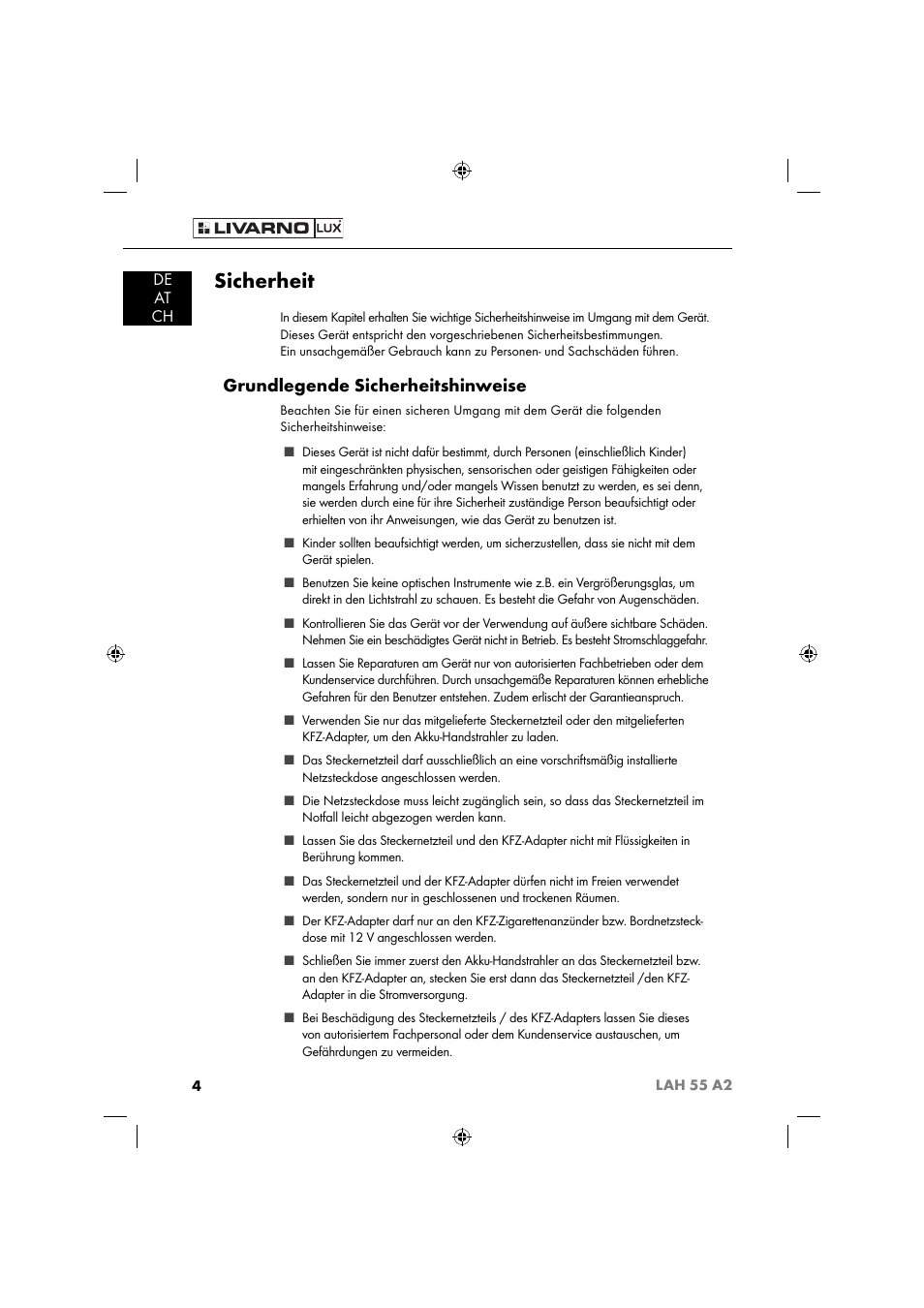 Sicherheit, Grundlegende sicherheitshinweise, De at ch | Livarno LAH 55 A2 User Manual | Page 7 / 73