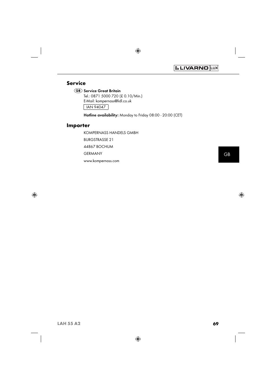 Service, Importer | Livarno LAH 55 A2 User Manual | Page 72 / 73