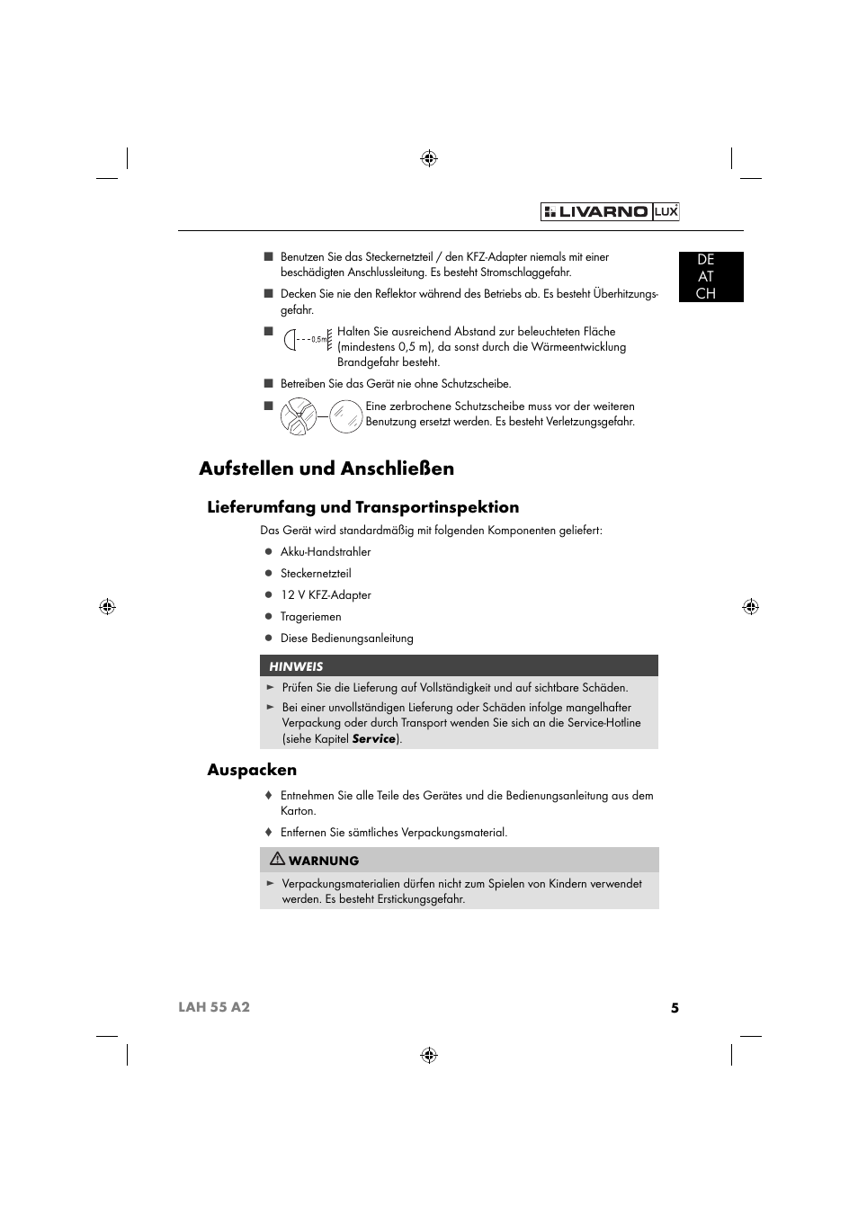 Aufstellen und anschließen, Lieferumfang und transportinspektion, Auspacken | De at ch | Livarno LAH 55 A2 User Manual | Page 8 / 73