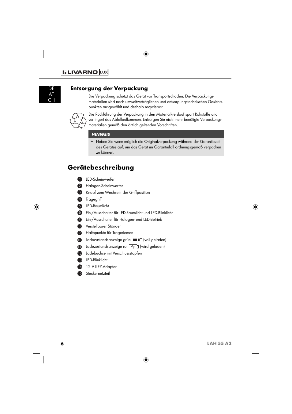 Gerätebeschreibung, Entsorgung der verpackung, De at ch | Livarno LAH 55 A2 User Manual | Page 9 / 73