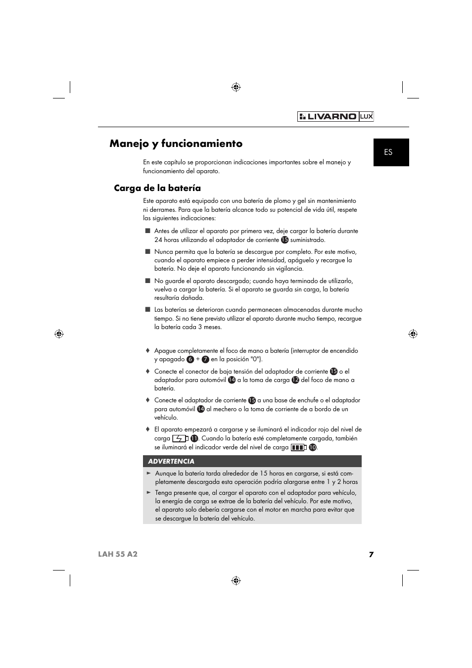 Manejo y funcionamiento, Carga de la batería | Livarno LAH 55 A2 User Manual | Page 10 / 60