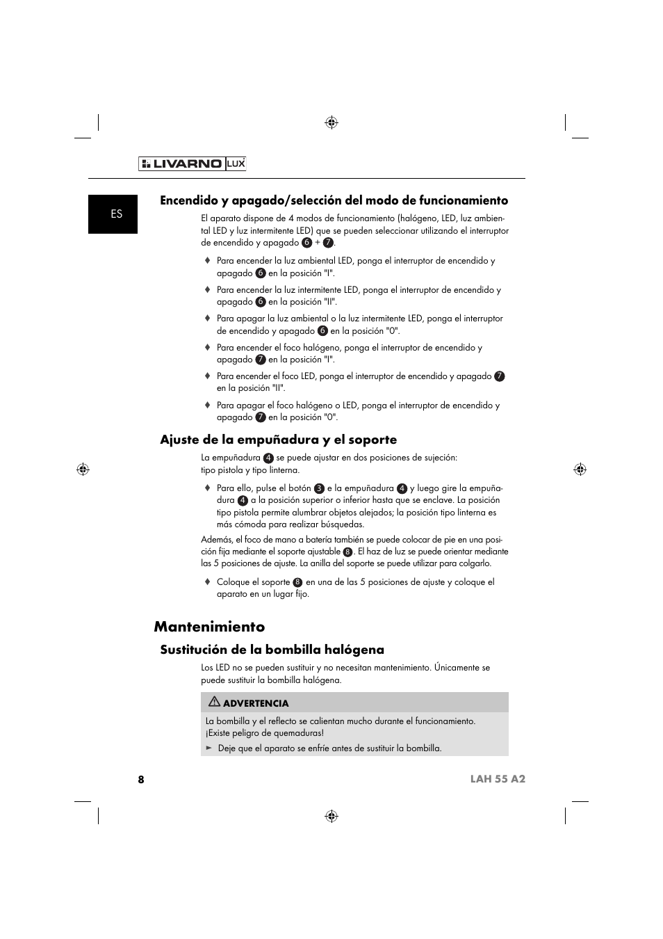 Mantenimiento, Ajuste de la empuñadura y el soporte, Sustitución de la bombilla halógena | Livarno LAH 55 A2 User Manual | Page 11 / 60