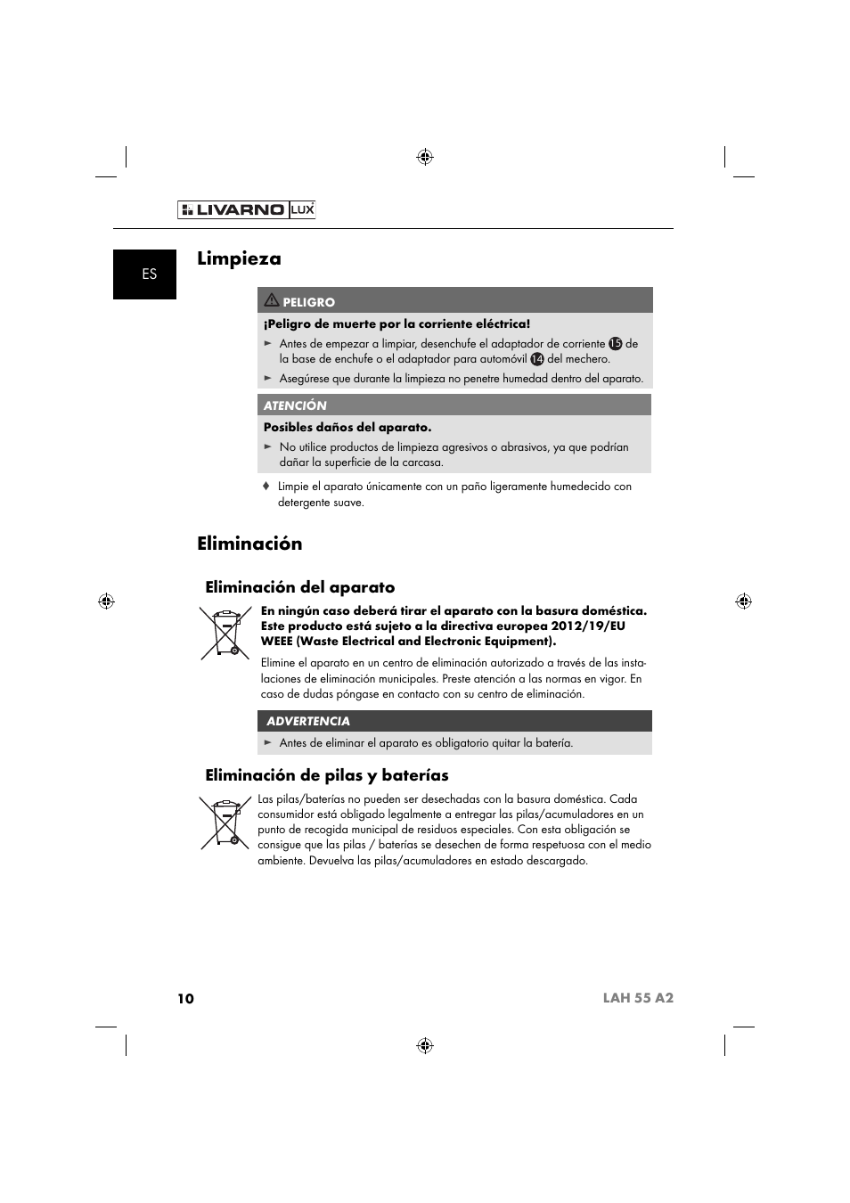 Limpieza, Eliminación, Eliminación del aparato | Eliminación de pilas y baterías | Livarno LAH 55 A2 User Manual | Page 13 / 60