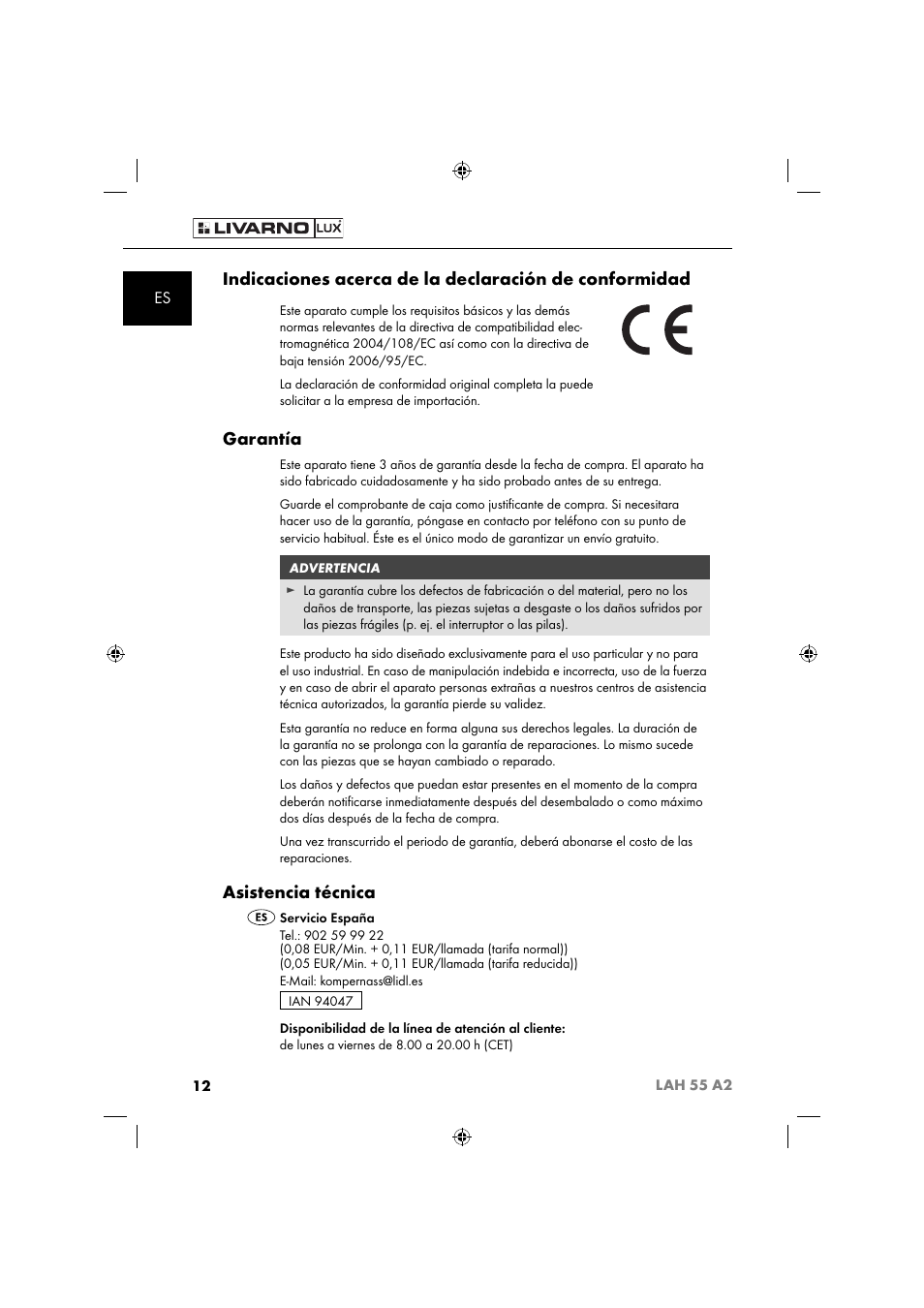 Garantía, Asistencia técnica | Livarno LAH 55 A2 User Manual | Page 15 / 60