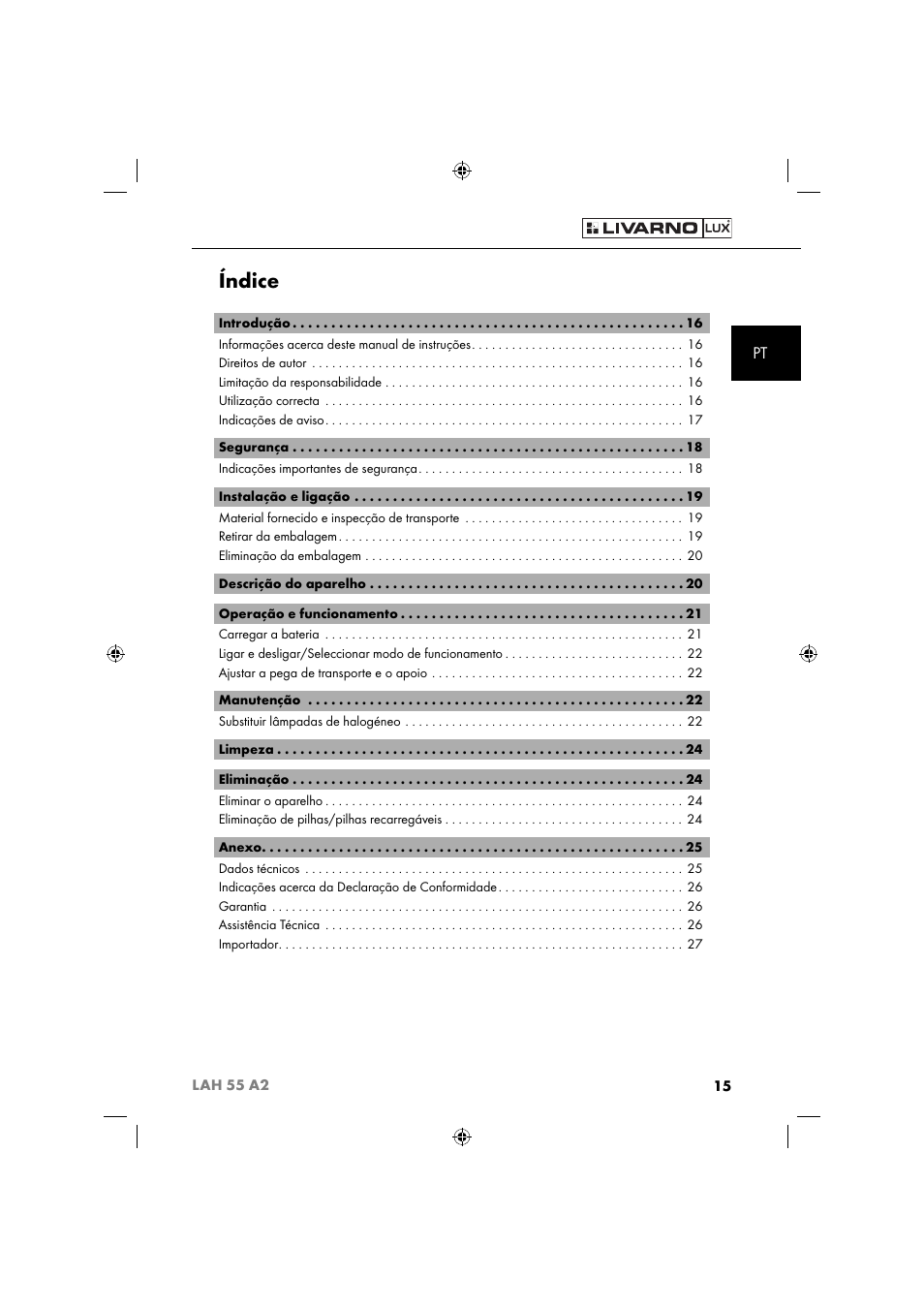 Índice | Livarno LAH 55 A2 User Manual | Page 18 / 60