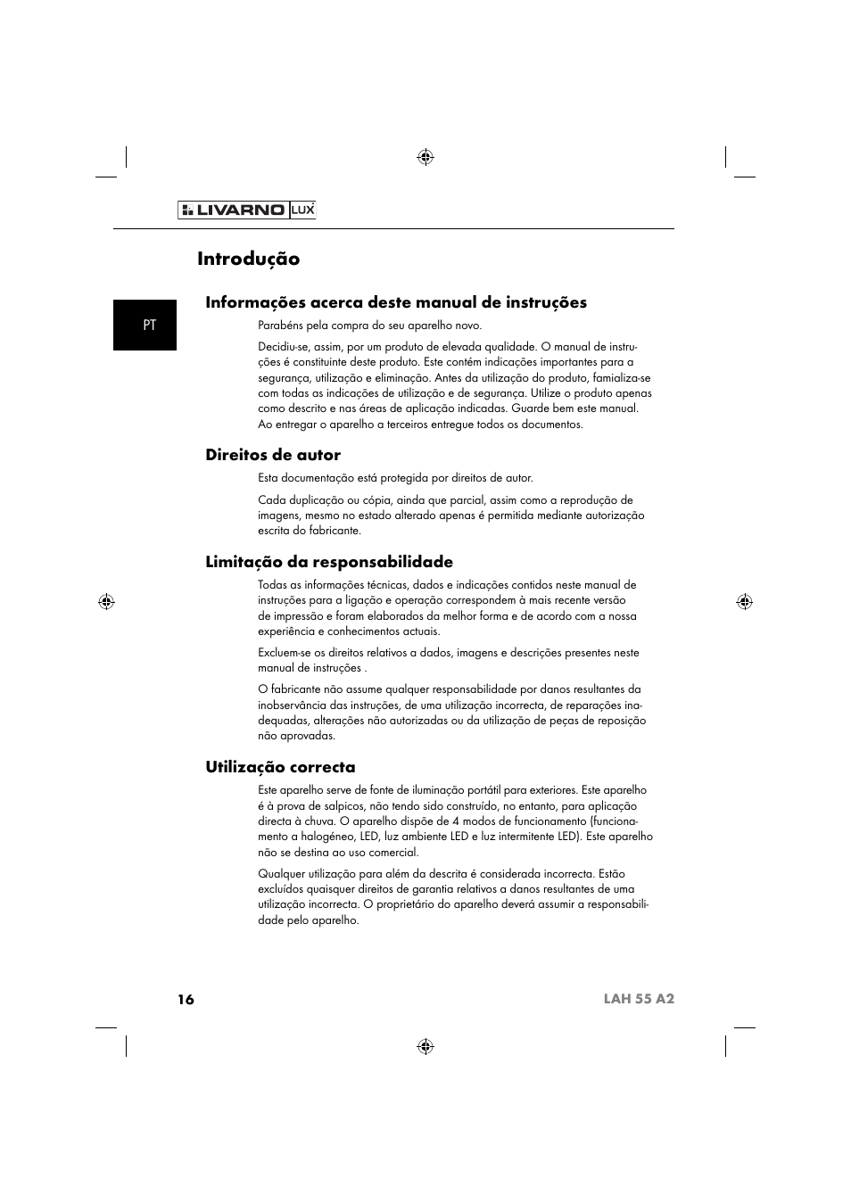 Introdução, Informações acerca deste manual de instruções, Direitos de autor | Limitação da responsabilidade, Utilização correcta | Livarno LAH 55 A2 User Manual | Page 19 / 60