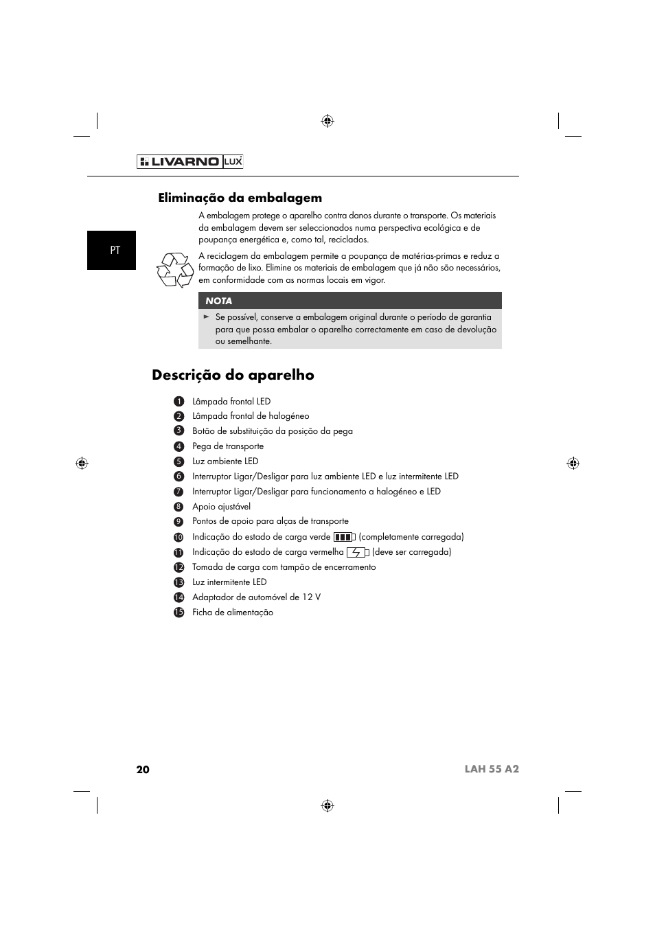 Descrição do aparelho, Eliminação da embalagem | Livarno LAH 55 A2 User Manual | Page 23 / 60