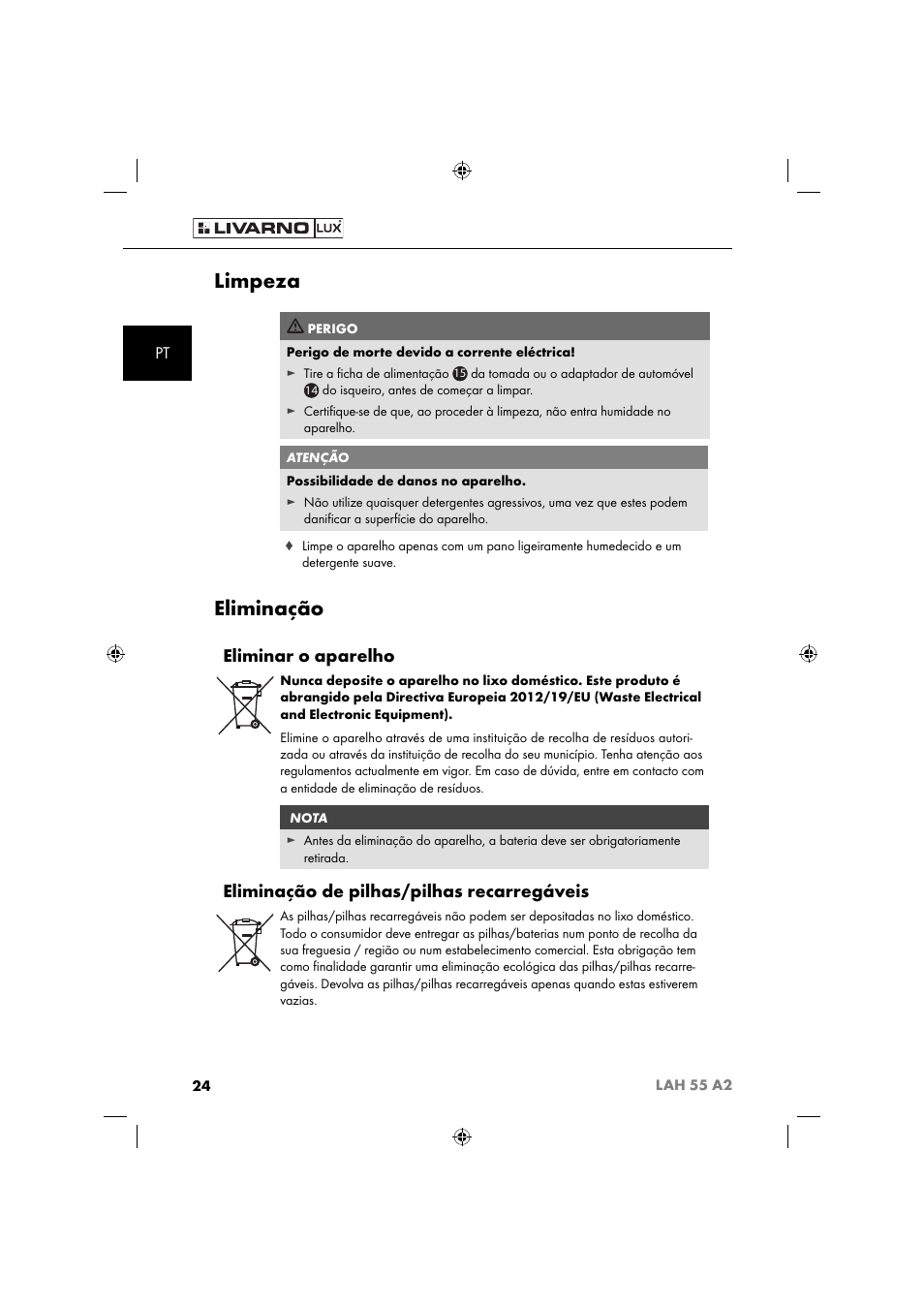 Limpeza, Eliminação, Eliminar o aparelho | Eliminação de pilhas/pilhas recarregáveis | Livarno LAH 55 A2 User Manual | Page 27 / 60