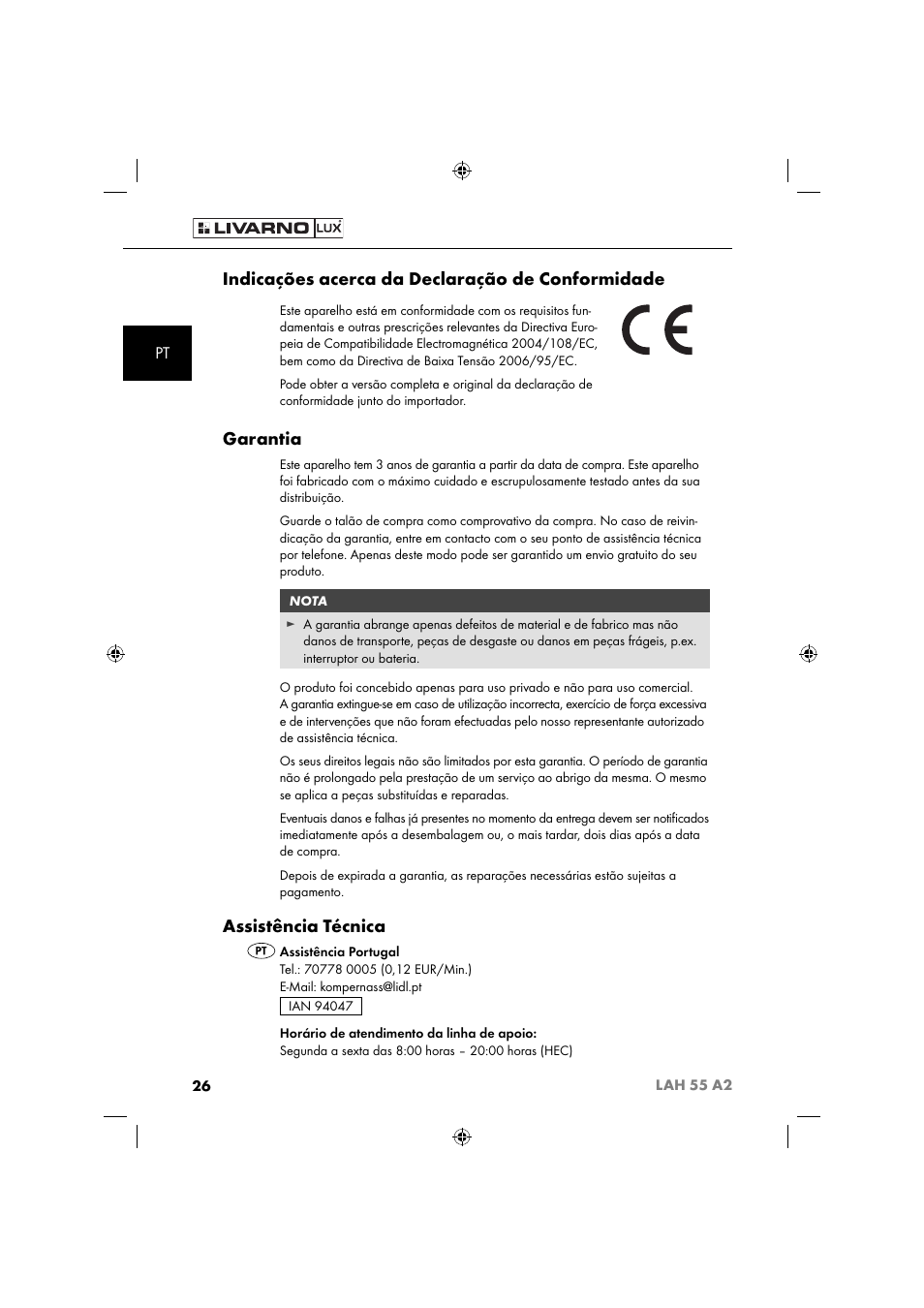 Indicações acerca da declaração de conformidade, Garantia, Assistência técnica | Livarno LAH 55 A2 User Manual | Page 29 / 60