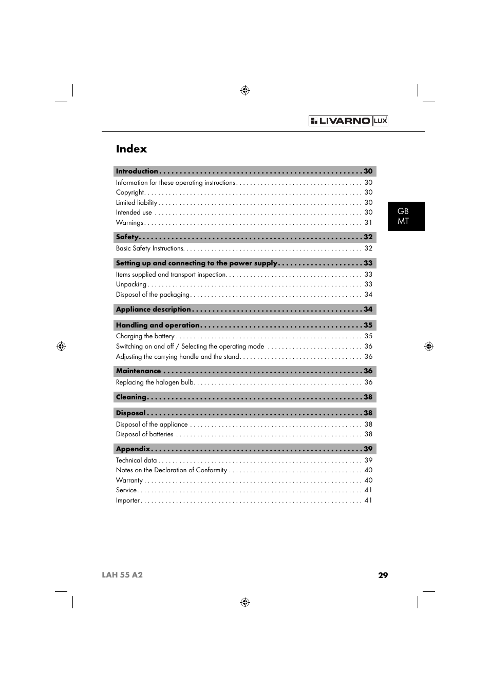 Index, Gb mt | Livarno LAH 55 A2 User Manual | Page 32 / 60