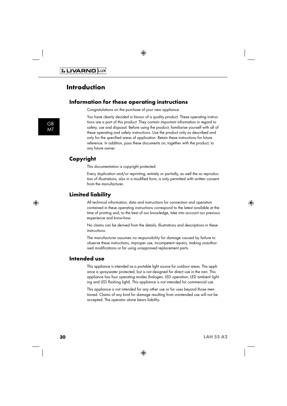 Introduction, Information for these operating instructions, Copyright | Limited liability, Intended use, Gb mt | Livarno LAH 55 A2 User Manual | Page 33 / 60