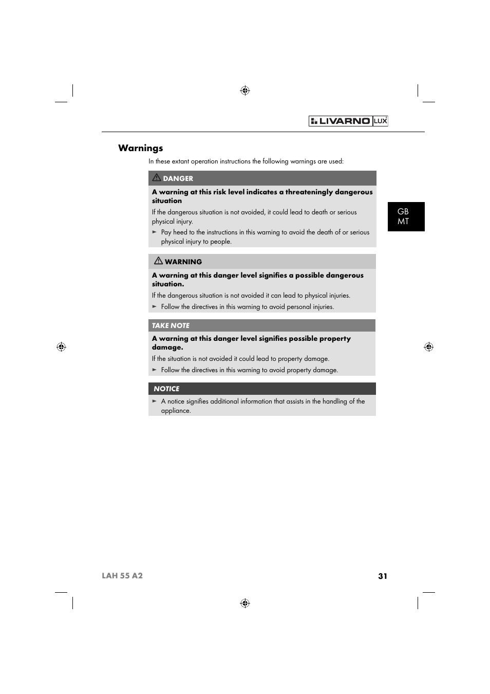 Warnings, Gb mt | Livarno LAH 55 A2 User Manual | Page 34 / 60