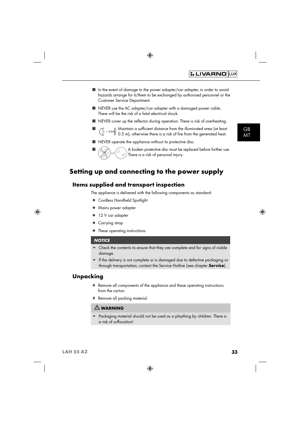 Setting up and connecting to the power supply, Items supplied and transport inspection, Unpacking | Gb mt | Livarno LAH 55 A2 User Manual | Page 36 / 60