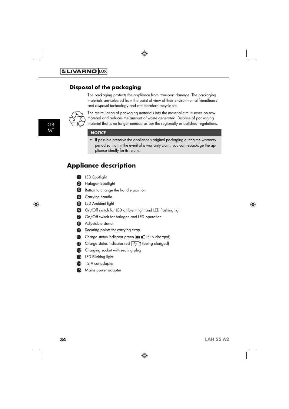 Appliance description, Disposal of the packaging, Gb mt | Livarno LAH 55 A2 User Manual | Page 37 / 60