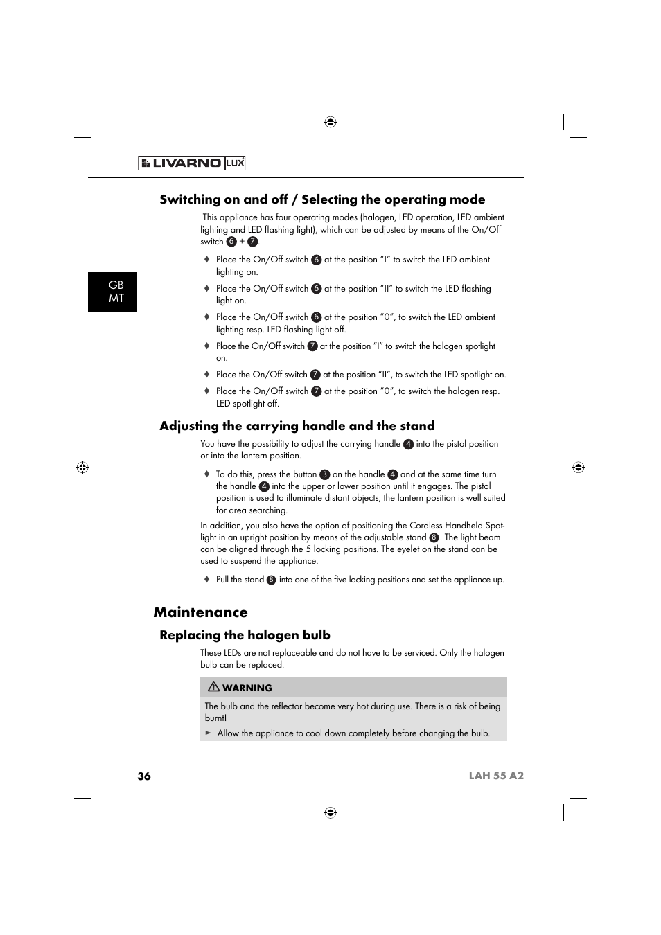 Maintenance, Switching on and oﬀ / selecting the operating mode, Adjusting the carrying handle and the stand | Replacing the halogen bulb, Gb mt | Livarno LAH 55 A2 User Manual | Page 39 / 60