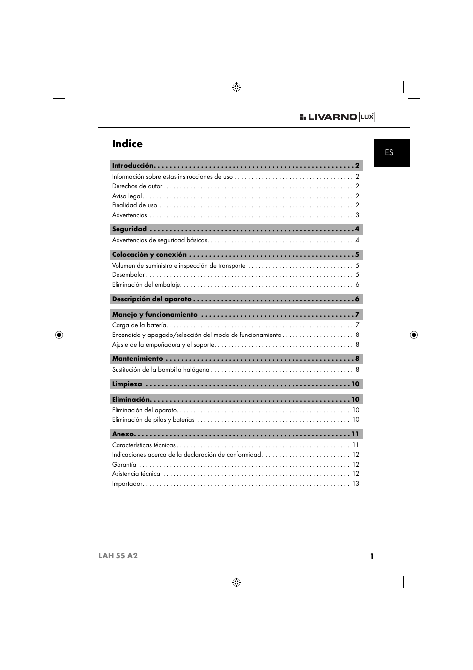 Indice | Livarno LAH 55 A2 User Manual | Page 4 / 60