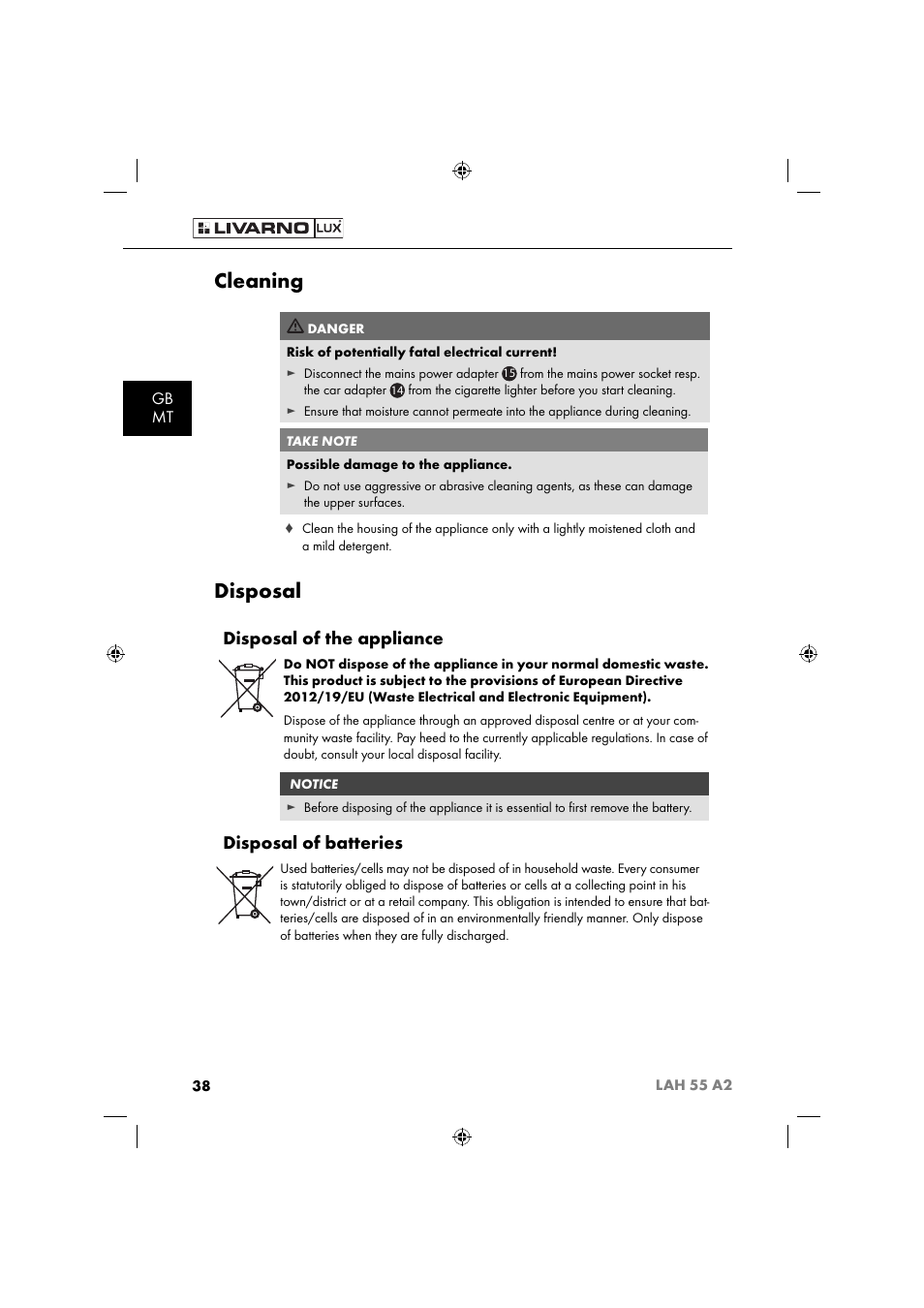 Cleaning, Disposal, Disposal of the appliance | Disposal of batteries, Gb mt | Livarno LAH 55 A2 User Manual | Page 41 / 60