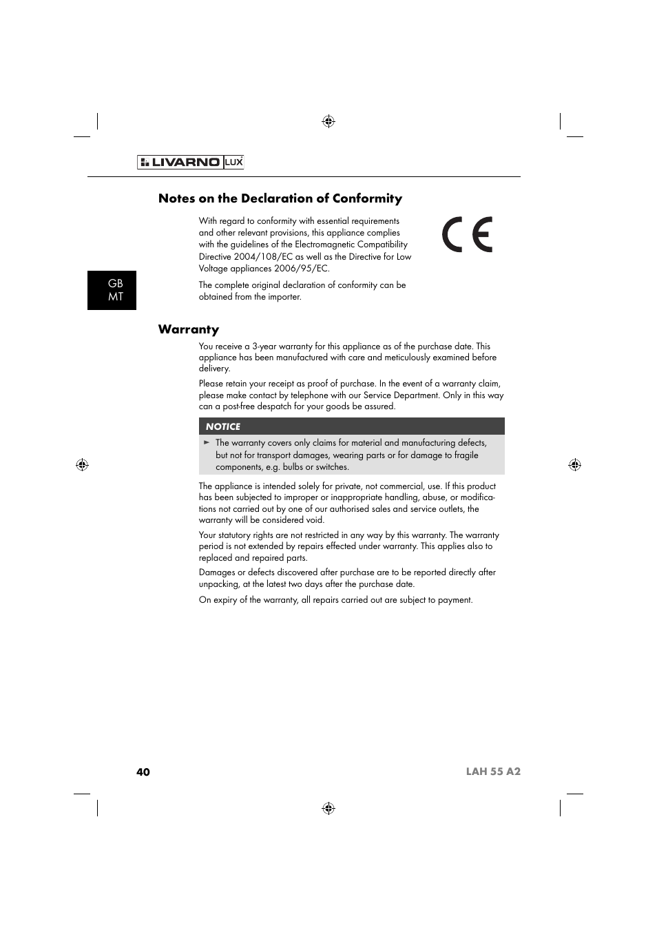 Warranty, Gb mt | Livarno LAH 55 A2 User Manual | Page 43 / 60